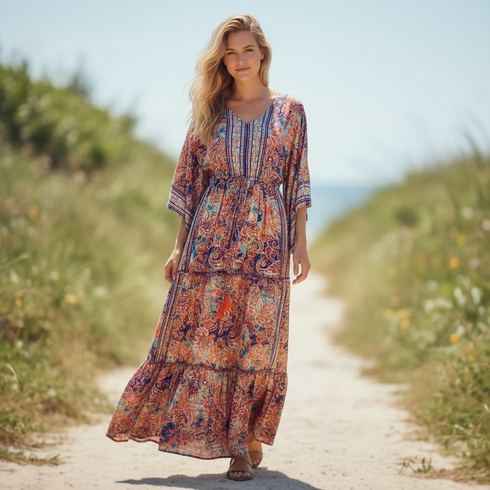 Me 2 Magic Womens boHo, hippie, gypsyKimono Tiered Maxi Dress Orange Blue S